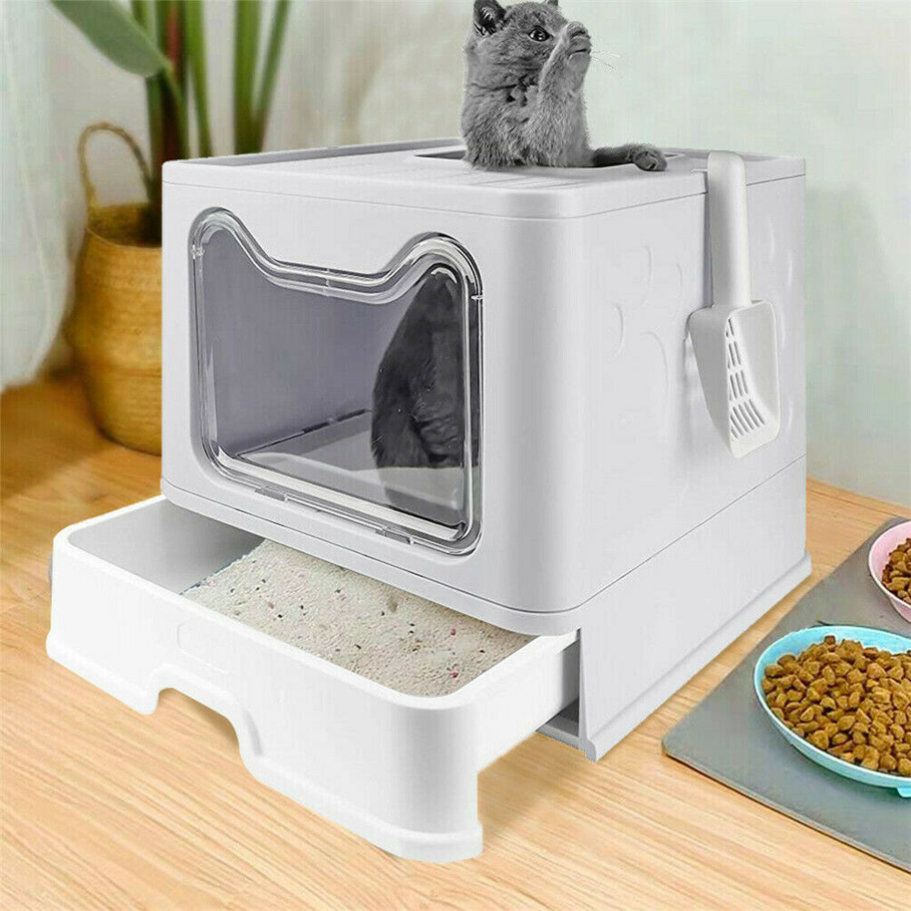 Large Space Foldable Cat Litter Box with Front Entry & Top Exit with Tray