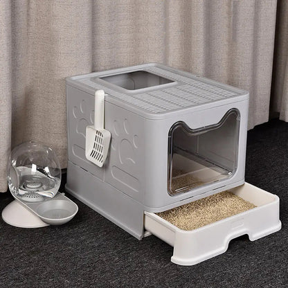 Large Space Foldable Cat Litter Box with Front Entry & Top Exit with Tray