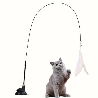 Long Suction Cup Pole Interactive Bell and Feather Wand Cat Teaser Toy