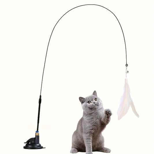 Long Suction Cup Pole Interactive Bell and Feather Wand Cat Teaser Toy